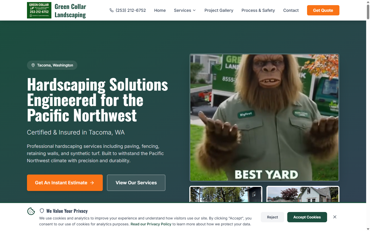 Green Collar Landscaping homepage — 'Hardscaping Solutions Engineered for the Pacific Northwest' hero.